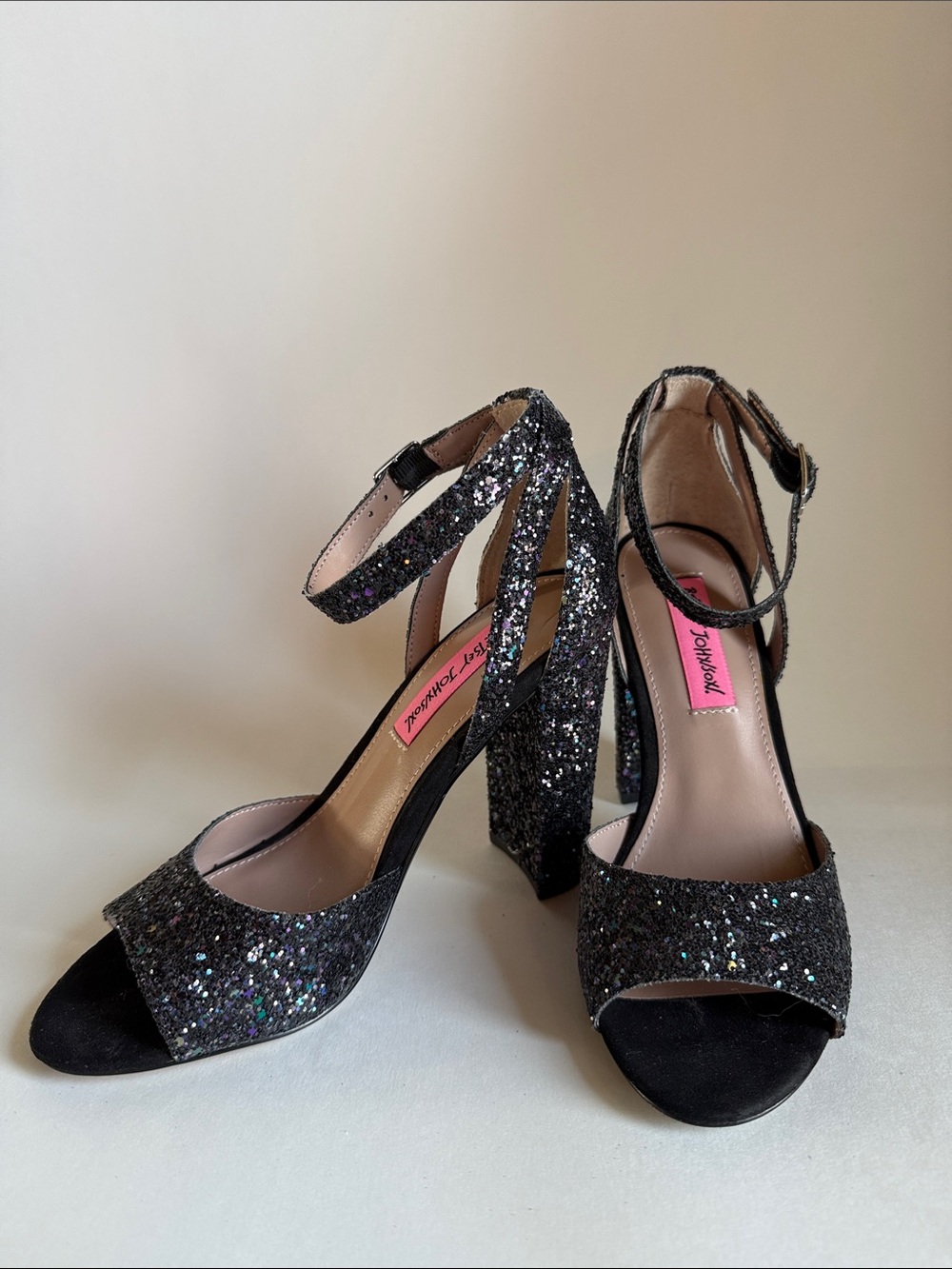 Betsey Johnson Black Glitter Ankle-Strap Peep Toe with Block Heels